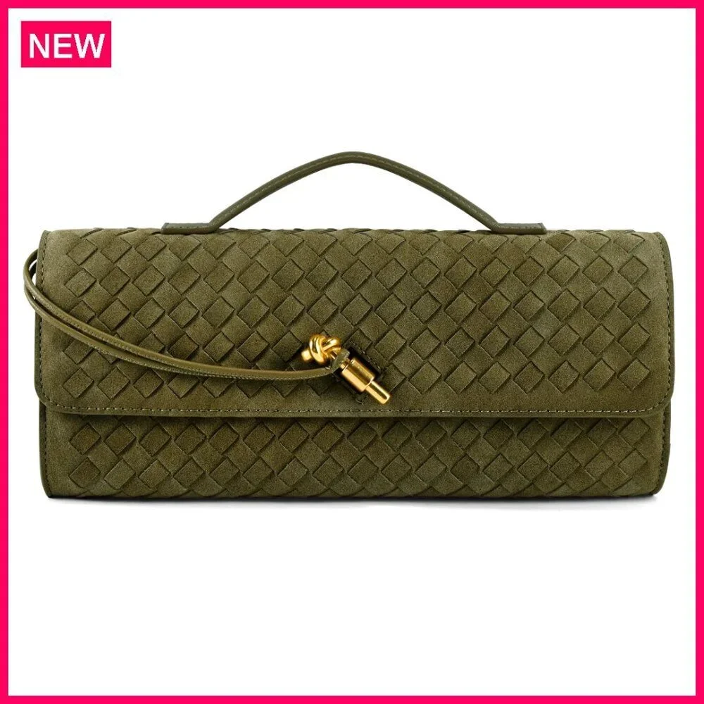 Woven Faux Leather Clutch Evening Bag Adjustable Shoulder Strap Formal Satchel